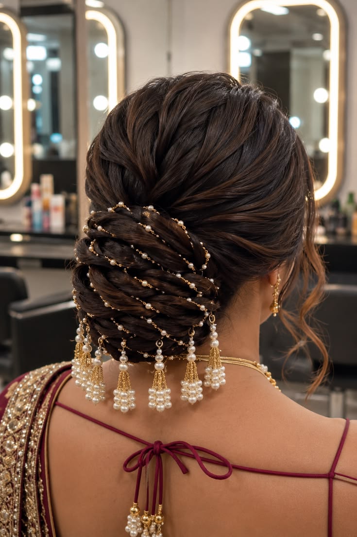 Traditional bridal hairstyle with floral details